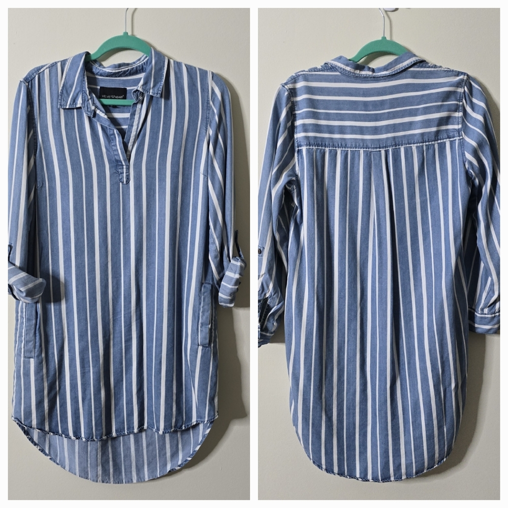 Velvet Heart Chambray Striped Pull Over V-Neck Shirt Dress/Tunic Size S